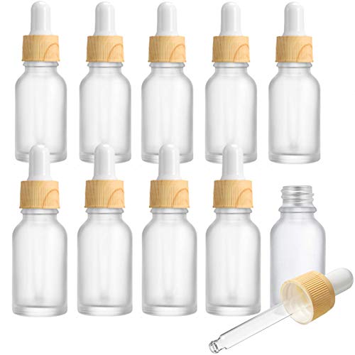 Yalbdopo 10 Botellas de Vidrio Transparente Esmerilado de 10 ml con pipetas cuentagotas, Mini Botellas vacías con Tapa de plástico de Grano de Madera, contenedor de Muestra Recargable para aceites