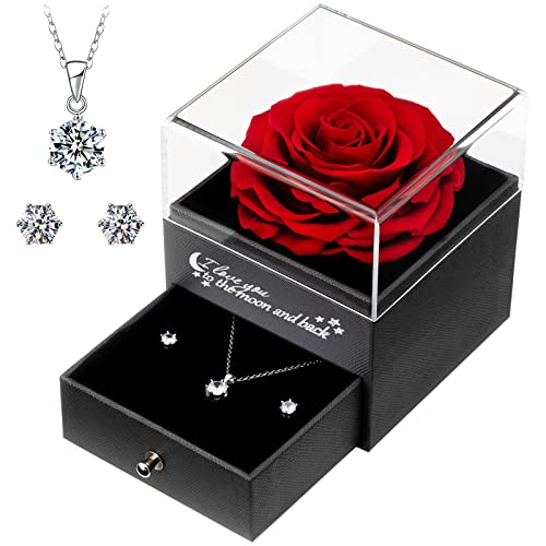 Yamonic Rosa Eterna Real con Collar y Pendientes en una Caja de Regalo, Regalos románticos para Ella en el día de San Valentín Aniversario Navidad Regalos para Mujeres, Tinto