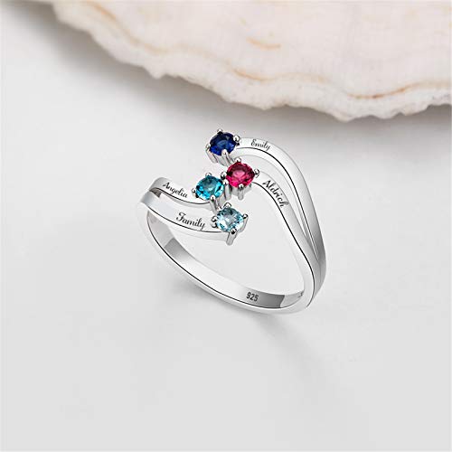 Yanday Anillo de Mujer Anillo con Nombre Personalizado Grabado 4 Nombres y Anillos Familiares con Piedra de Nacimiento Anillo con Nombre(Plata 20,25)