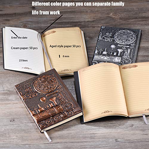 YHH Cuaderno A5 Rayas Tapa Dura, en Relieve, Hecho a mano, 200 Páginas, Libretas Bonitas, Diario de Viaje Cuero, Vintage Journal Notebook, Regalo Aniversario Mujer Hombre Pareja, tren3d Bronce