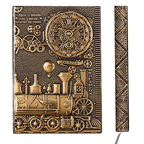 YHH Cuaderno A5 Rayas Tapa Dura, en Relieve, Hecho a mano, 200 Páginas, Libretas Bonitas, Diario de Viaje Cuero, Vintage Journal Notebook, Regalo Aniversario Mujer Hombre Pareja, tren3d Bronce