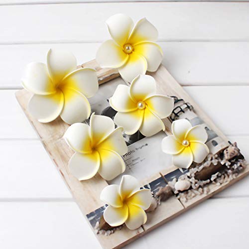 Yoowish 50 pétalos de flores artificiales de Frangipani Plumeria hawaiana para decoración de boda, color blanco