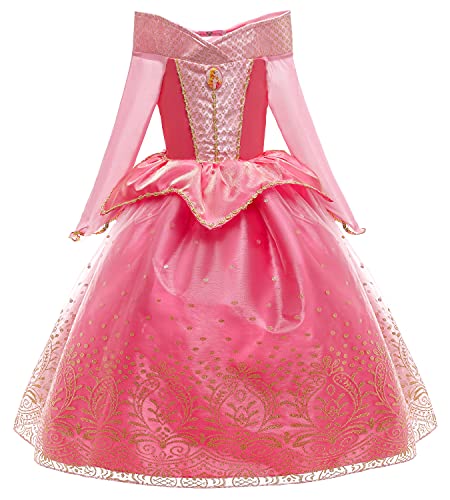 YOSICIL Disfraz Princesa Aurora para Niña Disfraz Bella Durmiente Manga Larga con 6Pcs Accesorio Dulce Princesa Cosplay Vestido para Cumpleaños Halloween Fiesta，Rosa,130