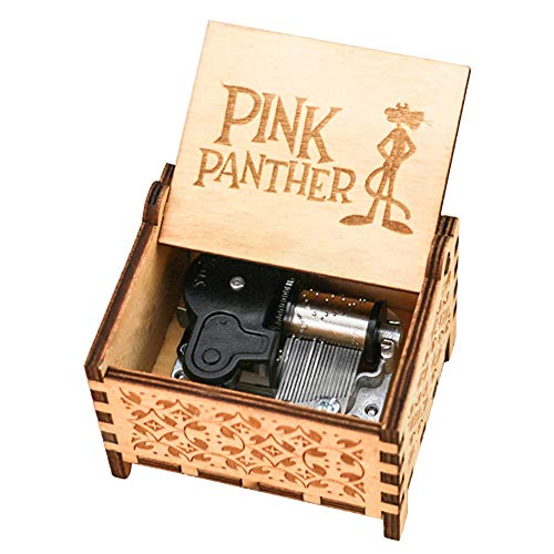 Youtang Caja de música de Pantera Rosa con mecanismo de cuerda de 18 notas, caja de música de madera grabada, tema de Pantera Rosa, Marrón