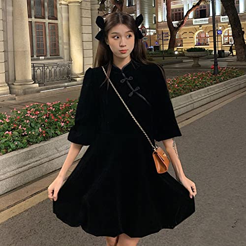 YZDKJ Vestido de Manga Larga más tamaño 5XL Cuello mandarín sólido Cheongsam Dulce (Color : Black, Size : S)