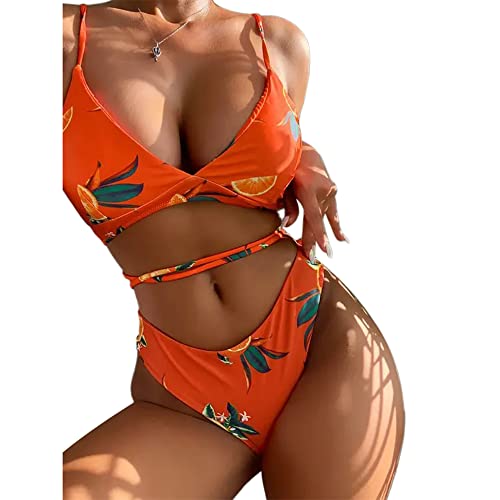 Zaful - Conjunto de bikini acolchado para mujer en diseño de naranjas, de tirantes con cordones Papaya Orange S