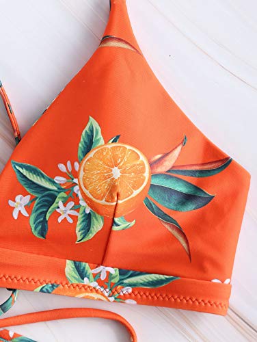 Zaful - Conjunto de bikini acolchado para mujer en diseño de naranjas, de tirantes con cordones Papaya Orange S