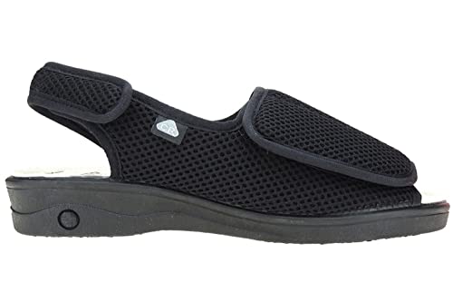 Zapatillas Rejilla Nailon en Ancho Especial y Punta Abierta para Mujer. Marca CELIARUIZ 208. Tratamiento Antibacteriano Sanitized. Ajuste con Velcro. Negro Talla 37