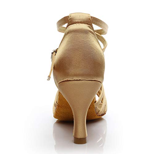 Zapatos de baile latino para mujer, salón de baile latino, sandalias latinas, práctica de baile latino, zapatos de rendimiento con tacón acampanado, Khaki, 38 EU