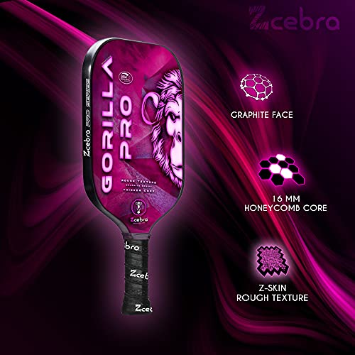 ZCEBRA Pala de Pickleball Grafito - Raqueta Fibra de Carbono núcleo Reforzado 16 mm Grueso de Panel de Abeja Polipropileno Textura Rugosa - Set Funda Neopreno - Gorilla Pro Pink