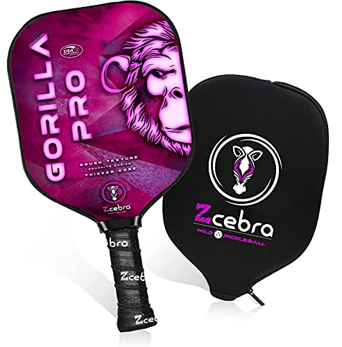 ZCEBRA Pala de Pickleball Grafito - Raqueta Fibra de Carbono núcleo Reforzado 16 mm Grueso de Panel de Abeja Polipropileno Textura Rugosa - Set Funda Neopreno - Gorilla Pro Pink