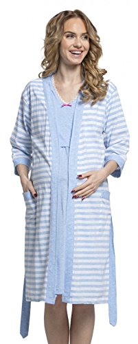 Zeta Ville - Premamá camisón Set Bata Embarazo Lactancia de Rayas - Mujer - 190c (Azul, EU 40/42, L)