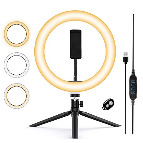 Zoeley Anillo de luz LED, Aro de Luz y Trípode con Control Remoto 3 Colores Modo 12 Brillos Regulables, Selfie Ring Light LED Rotación de 360° para Selfie, TIK Tok Maquillaje y Youtube Live