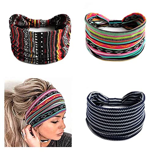 Zoestar Boho,diademas de rayas anchas,negras para la cabeza de yoga,turbante anudado,vendas para el pelo,vendas de cabeza estilo vintage,elásticas y gruesas,para mujeres y niñas (paquete de 3) (A)