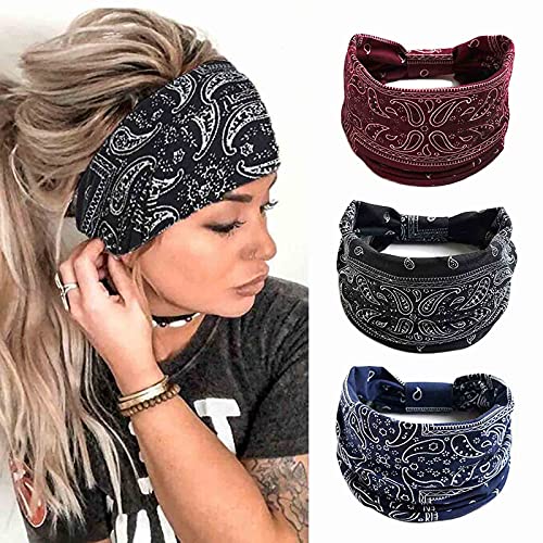 Zoestar Pañuelos anchos boho para la cabeza, con estampado elegante, para yoga, correr, turbante elástico para el pelo para mujeres (paquete de 3) (A)