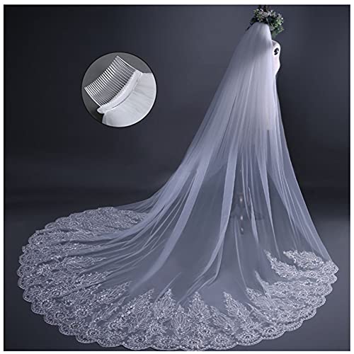 ZYQDRZ Hilado De Tierra De Encaje Romántico Nupcial De La Boda, Tul De La Bola De La Catedral con Peine, Accesorios De Velo De Boda,Blanco,3 * 8m