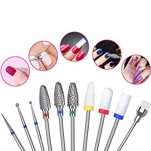 10 piezas de brocas de uñas para uñas acrílicas, carburo de tungsteno profesional y juego de brocas de cerámica de 3/32 para uñas para quitar cutículas de uñas de gel grabadas