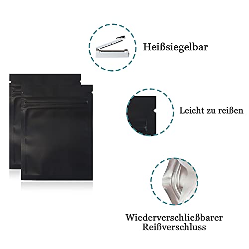 100 unidades mate Mylar bolsas de almacenamiento de alimentos de aluminio para la parte delantera transparente, cierre de cremallera, cierre térmico (negro mate, 8,5 x 13 cm)