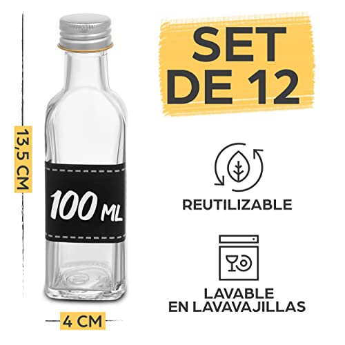 12 Botellas de Cristal de 100ml - Con Tapon de Rosca - Con 12 Etiquetas y Marcador de Tiza - Vacias - Mini Botellitas