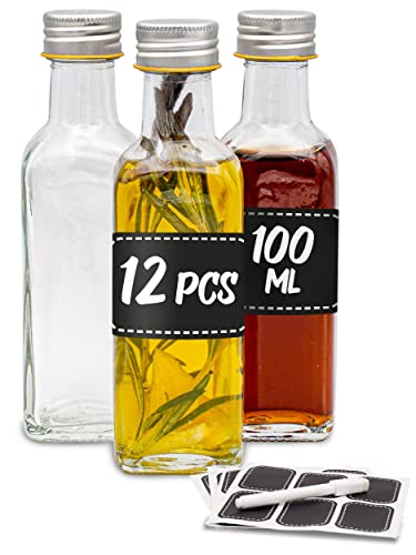 12 Botellas de Cristal de 100ml - Con Tapon de Rosca - Con 12 Etiquetas y Marcador de Tiza - Vacias - Mini Botellitas