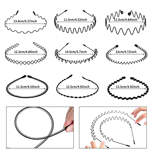 12 piezas Diademas de Metal, Aro de pelo de metal negro, Diademas de Metal ondulado, Unisex Elástico Primavera Diadema, para el Cabello Peinado Pinchos Aro de Pelo Accesorios