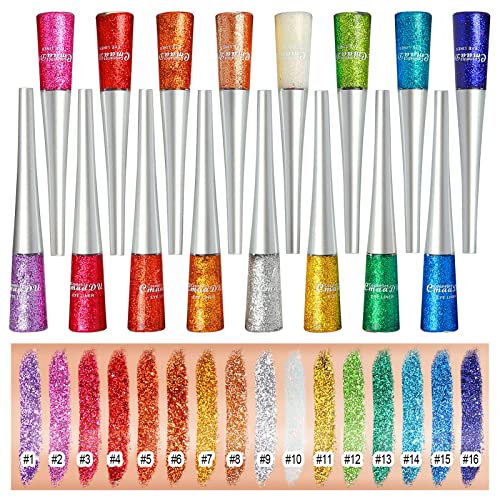 16 Colores Delineador De Ojos Brillo, Glitter Eyeliner, Eyeliner Waterproof, Liquid Glitter Eyeliner, Lápiz de sombra de ojos con brillo metálico, Colorido Liquid Eyeliner Pen para Cosplay (A)