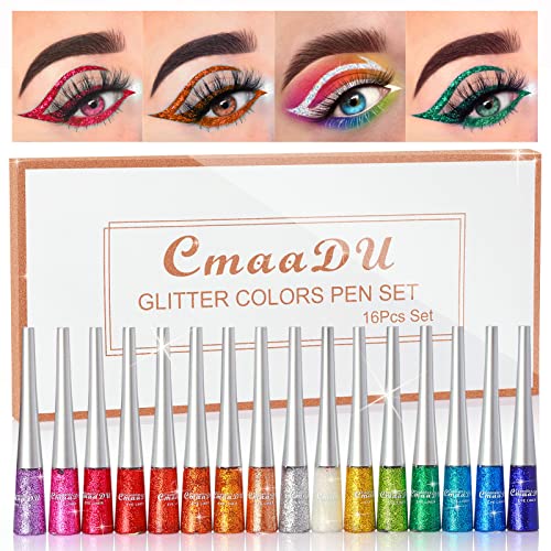 16 Colores Delineador De Ojos Brillo, Glitter Eyeliner, Eyeliner Waterproof, Liquid Glitter Eyeliner, Lápiz de sombra de ojos con brillo metálico, Colorido Liquid Eyeliner Pen para Cosplay (A)