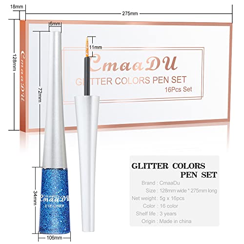 16 Colores Delineador De Ojos Brillo, Glitter Eyeliner, Eyeliner Waterproof, Liquid Glitter Eyeliner, Lápiz de sombra de ojos con brillo metálico, Colorido Liquid Eyeliner Pen para Cosplay (A)