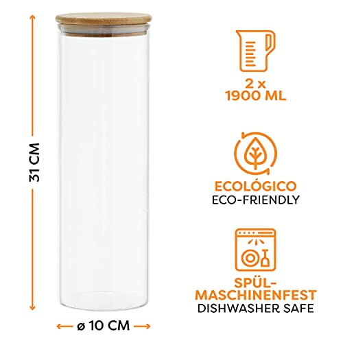 2 Botes para Espaguetis de Cristal con Tapa - Grandes 2 l - 30 cm de Alto - Hermeticos - Aptos para Lavavajillas