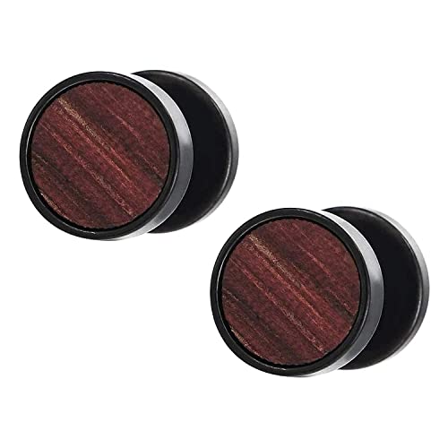 2 Negro Círculo Pendientes Aretes con Madera de Hombre Mujer, Acero Enchufe Falso Fake Cheater Plugs Gauges, 10MM 01（-）