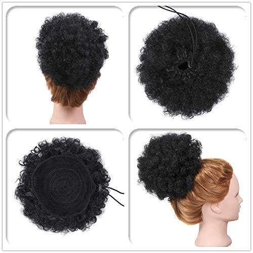 2 piezas Black Drawstring Afro Puff Hair Bun Sintético Kinky Curly Ponytails Wrap Updo Extensiones de cabello Clip en postizos de cola de caballo para mujeres negras