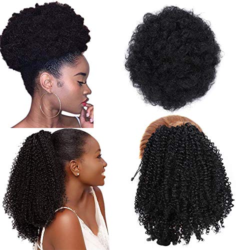 2 piezas Black Drawstring Afro Puff Hair Bun Sintético Kinky Curly Ponytails Wrap Updo Extensiones de cabello Clip en postizos de cola de caballo para mujeres negras