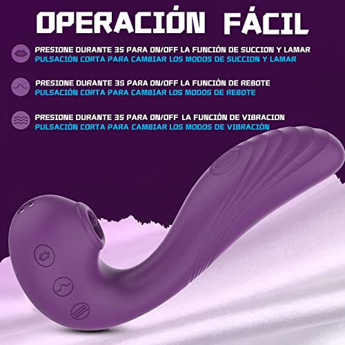 3in1Silicona Masajeador Portátil,Con10 Modos de Vibración y 5 Modos de Lamer y 5 Rebote Modos Masaje,100% Impermeable,Carga USB magnética (Morada)