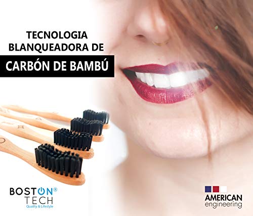 4 Cepillos Bio White dentales blanquadores de Bambu puro Medium, Biodegradable. Recomendados por Dentistas de todo el mundo. Cerdas Negras de Carbon de Bambu con efecto blanqueador libres de BPA