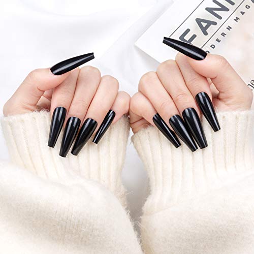 48 Piezas de Uñas Postizas de Extra Largo, Uñas en Forma de Bailarina Uñas Artificiales para Mujeres Niñas (Negro, Desnudo)