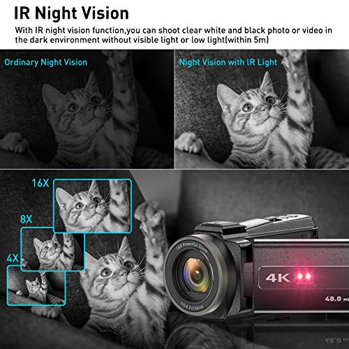 4K Videocámara UHD 48MP WiFi IR Night Vision Vlogging Cámara para YouTube Pantalla Táctil Grabadora de Cámara con Zoom Digital 16X con Micrófono, Estabilizador, Parasol para lente, Control, 2 baterías