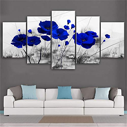 5 Piezas Rojo Oscuro Azul Floral Lienzo Pintura Púrpura Amapolas Flores Póster HD Impresión Moderna Pared Arte Cuadros Para Dormitorio Decoración Del Hogar Regalo, Sin Marco,Azul,150x80cm