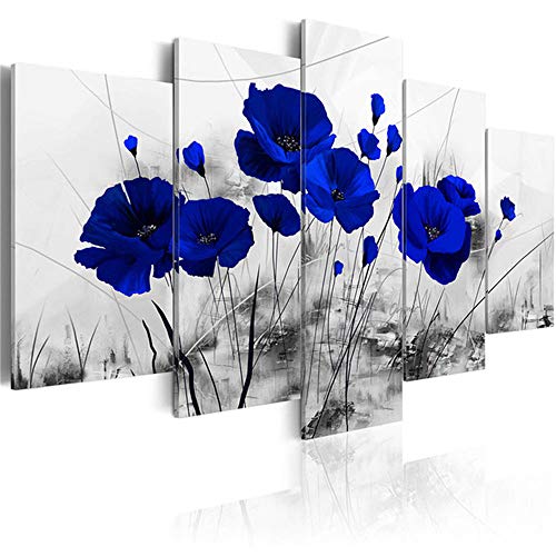 5 Piezas Rojo Oscuro Azul Floral Lienzo Pintura Púrpura Amapolas Flores Póster HD Impresión Moderna Pared Arte Cuadros Para Dormitorio Decoración Del Hogar Regalo, Sin Marco,Azul,150x80cm