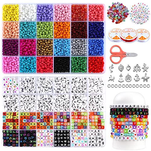 5200 Cuentas de Colores abalorios pulseras，4mm 3800 Cuentas de Colores 24 Colores，6mm 1200 Cuentas Abalorios Letras y varios kit para hacer pulseras