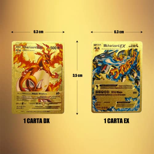 55 Cartas Poke Español Metalica Dorada Coleccionable Pikachu,Charizar, Mew, Mewtwo, V, VMAX, DX, GX para Niños y Adultos