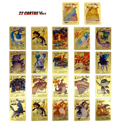 55 Cartas Poke Español Metalica Dorada Coleccionable Pikachu,Charizar, Mew, Mewtwo, V, VMAX, DX, GX para Niños y Adultos