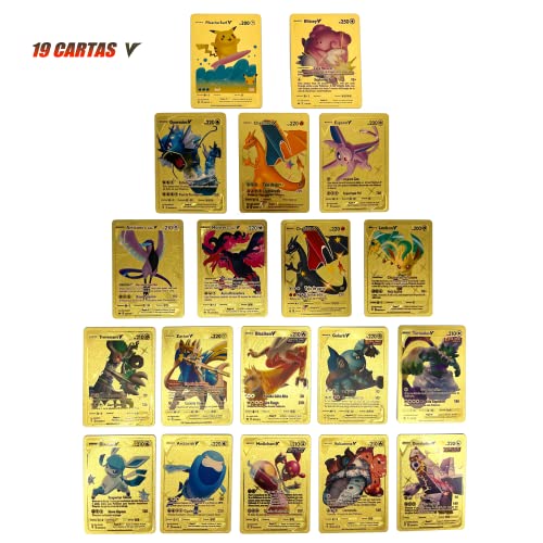 55 Cartas Poke Español Metalica Dorada Coleccionable Pikachu,Charizar, Mew, Mewtwo, V, VMAX, DX, GX para Niños y Adultos