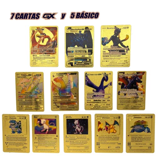 55 Cartas Poke Español Metalica Dorada Coleccionable Pikachu,Charizar, Mew, Mewtwo, V, VMAX, DX, GX para Niños y Adultos