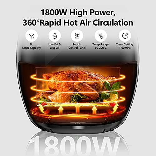 7L Freidora sin Aceite, 1800W Freidora de Aire Pantalla LED Táctil, Air Fryer con Función Mantener Caliente 7 Programas Preestablecido, Temperatura y tiempo Ajustable, Sin BPA ni PFOA