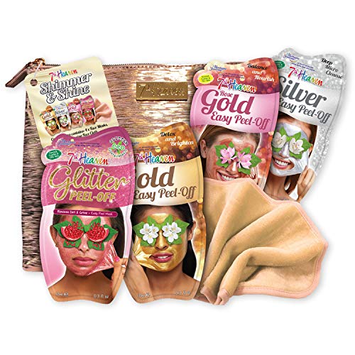 7th Heaven Shimmer & Shine Set de regalo con 4 máscaras faciales despegables, incluye una bolsa de cosméticos metálica de oro rosa y un paño limpiador para la cara