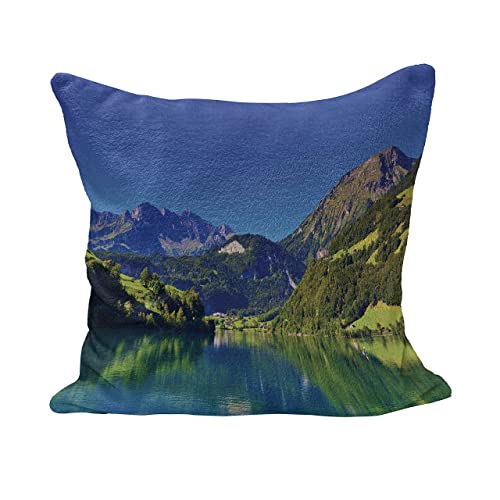 945 Funda De Cojín con Paisaje, Montaña De Los Alpes Suizos Y Bosque De Prados con Un Lago Tranquilo Y Un Pequeño Pueblo Antiguo Fundas De Almohada Lujoso Oficina Fundas para Cojines 45X45Cm