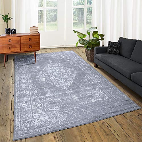 A2Z Rug |Alfombra de Salón Gris Moderna Rectangular|tamaño: 120x170 CM| Blanco Gris Obscuro Crema|para Suelo Estudio Sótano Cocina|De Diseño Geometrico con medallón y Flores con Pelo Corto