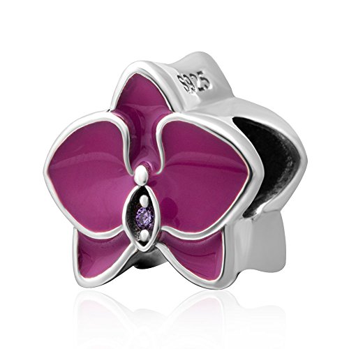 Abalorio de orquídea de plata de ley 925 con diseño de flor de aniversario, para pulsera Pandora (Fuschia)