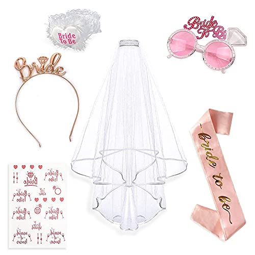 Accessori per Addio al Nubilato，Matrimonio gadget，velo bianco con il pettine,Nastri di nozze，Occhiali rosa， sposa di essere fascia, giarrettiera, , Fasce di capelli，Tatuaggio temporaneo,Bride to be