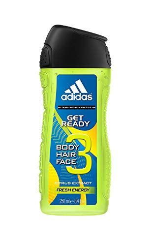 adidas – Gel ducha Get Ready. 3 en 1 – Fragancia cítrica fresca y chispeante para cuerpo, cabello, pH amigable, 250 ml